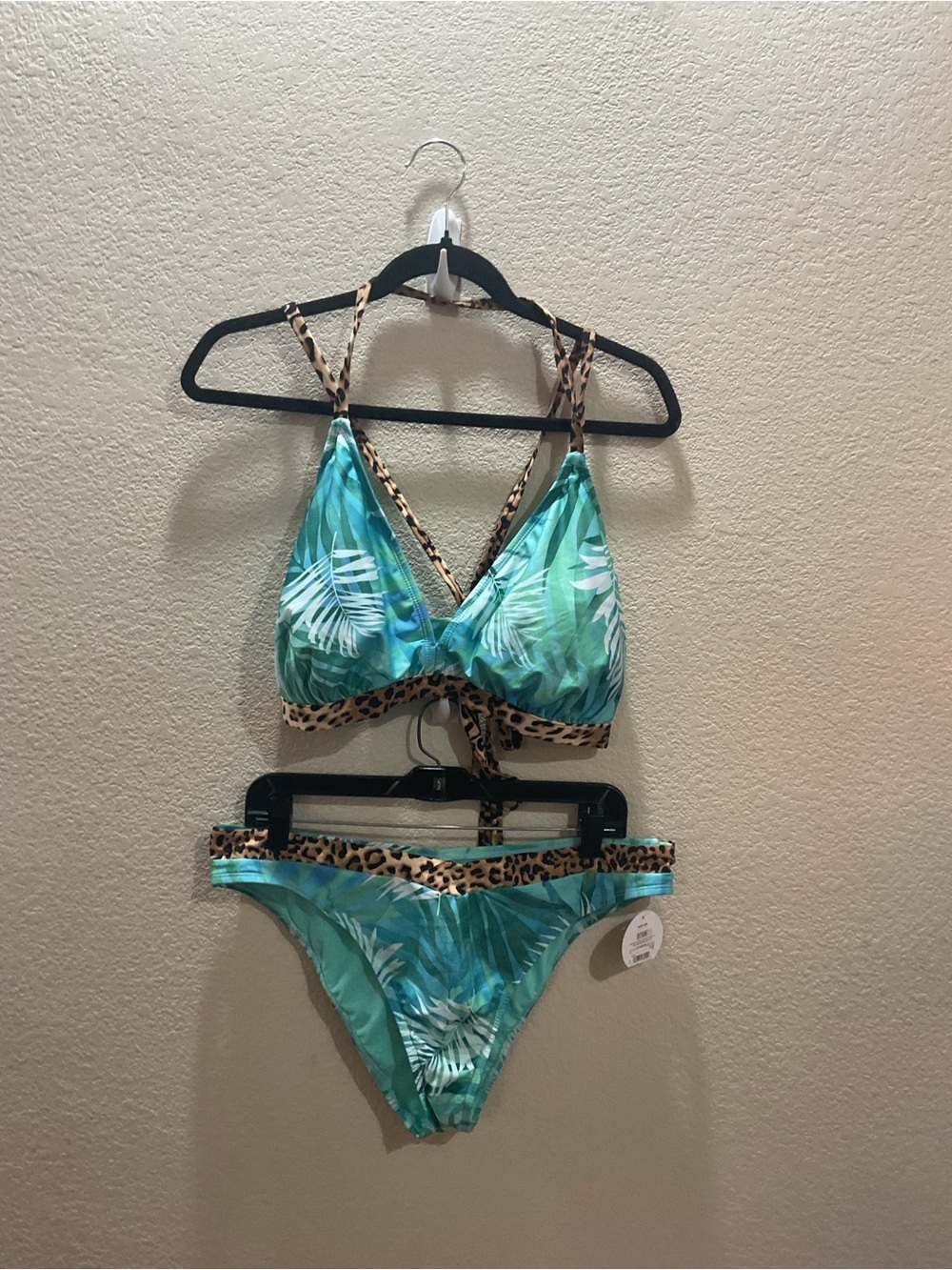 Decree Teal Tropical Leaf Bikini with Leopard Trim